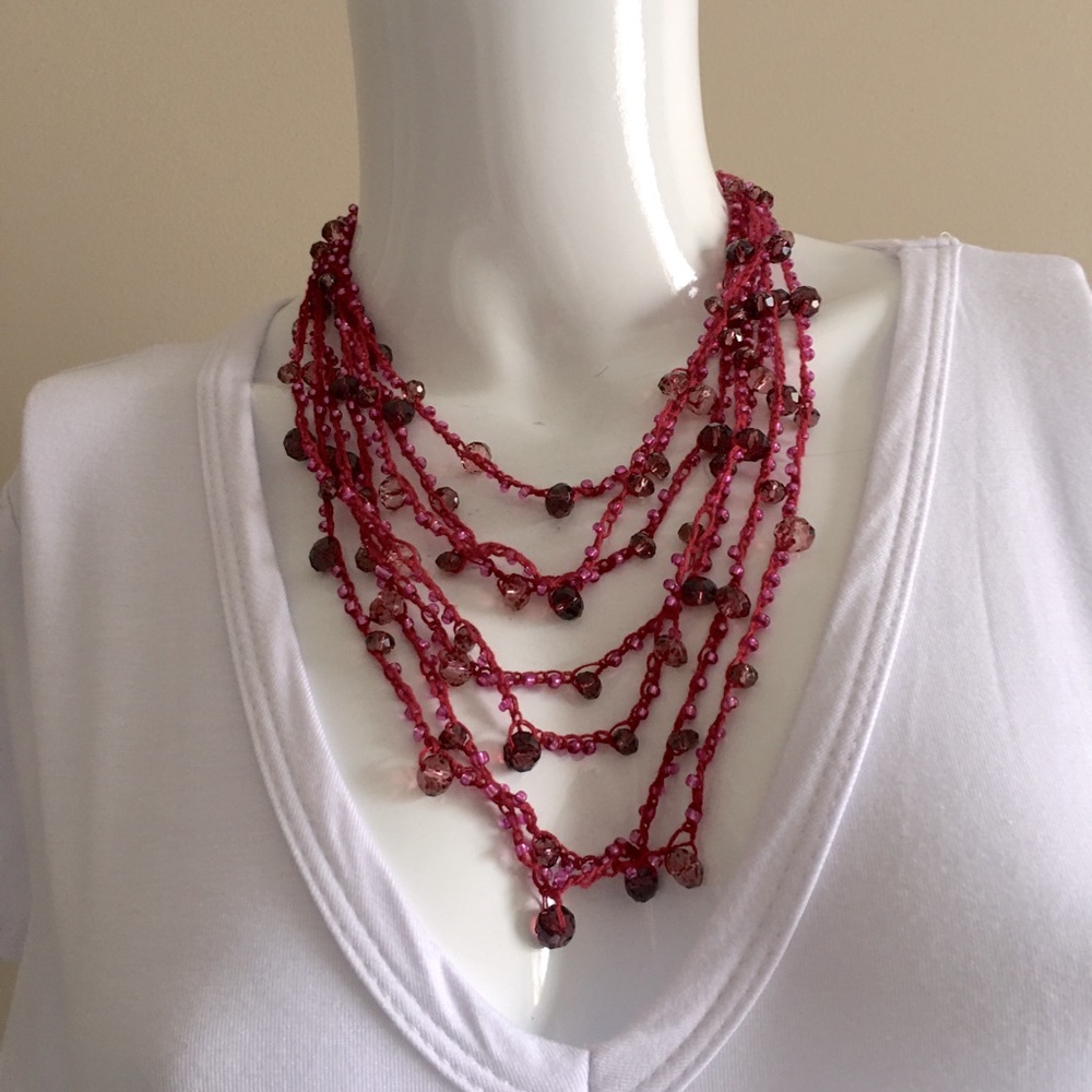 Boho Fuchsia Multi-Strand Beaded Necklace | Statement Layered